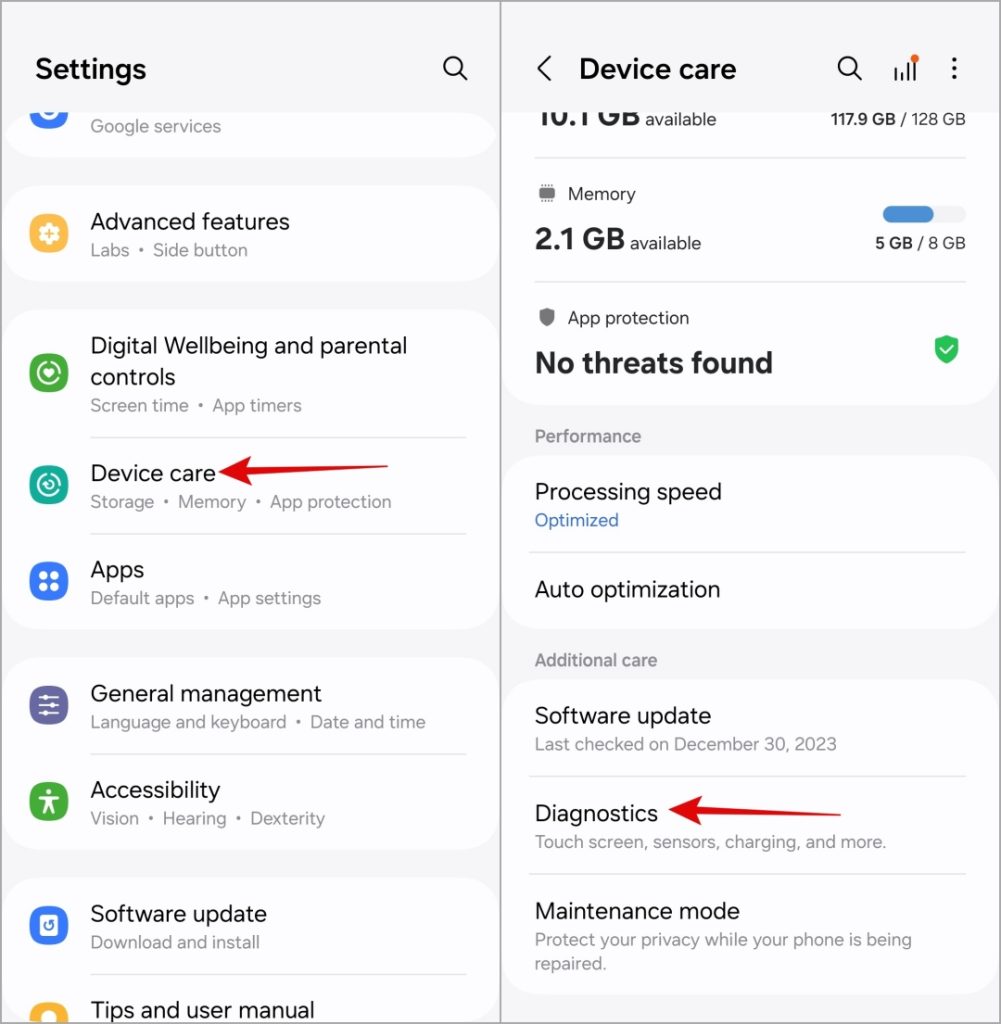 Diagnóstico en el teléfono Samsung Galaxy