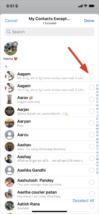 Seleccione Contactos de WhatsApp en iPhone