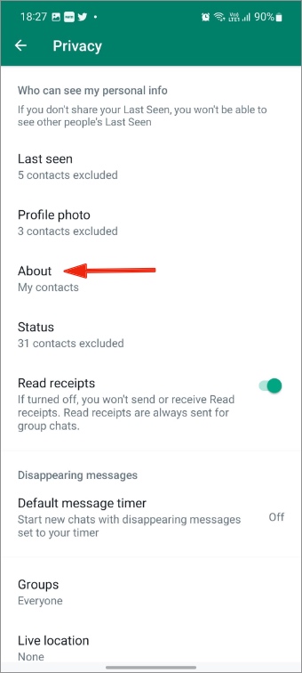 Acerca del menú en la privacidad de WhatsApp