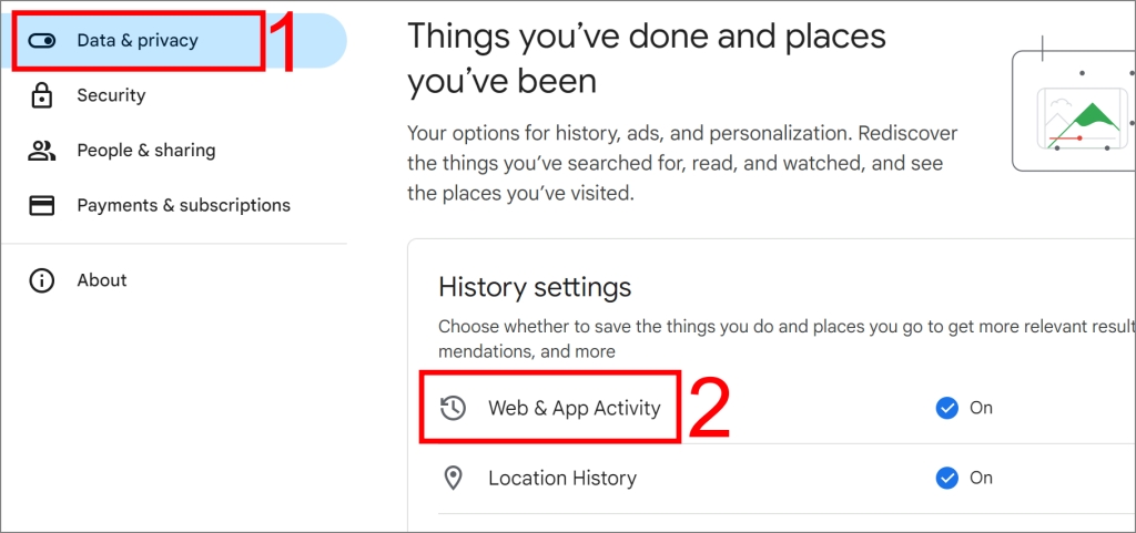 Datos y privacidad> Actividad web y de aplicaciones» class=»wp-image-150029″ ></p>
<p><strong>3.</strong> Después de esto, haga clic en el cuadro antes <strong>Incluir el historial de búsqueda visual</strong> para habilitar esto. </p>
<p><img decoding=