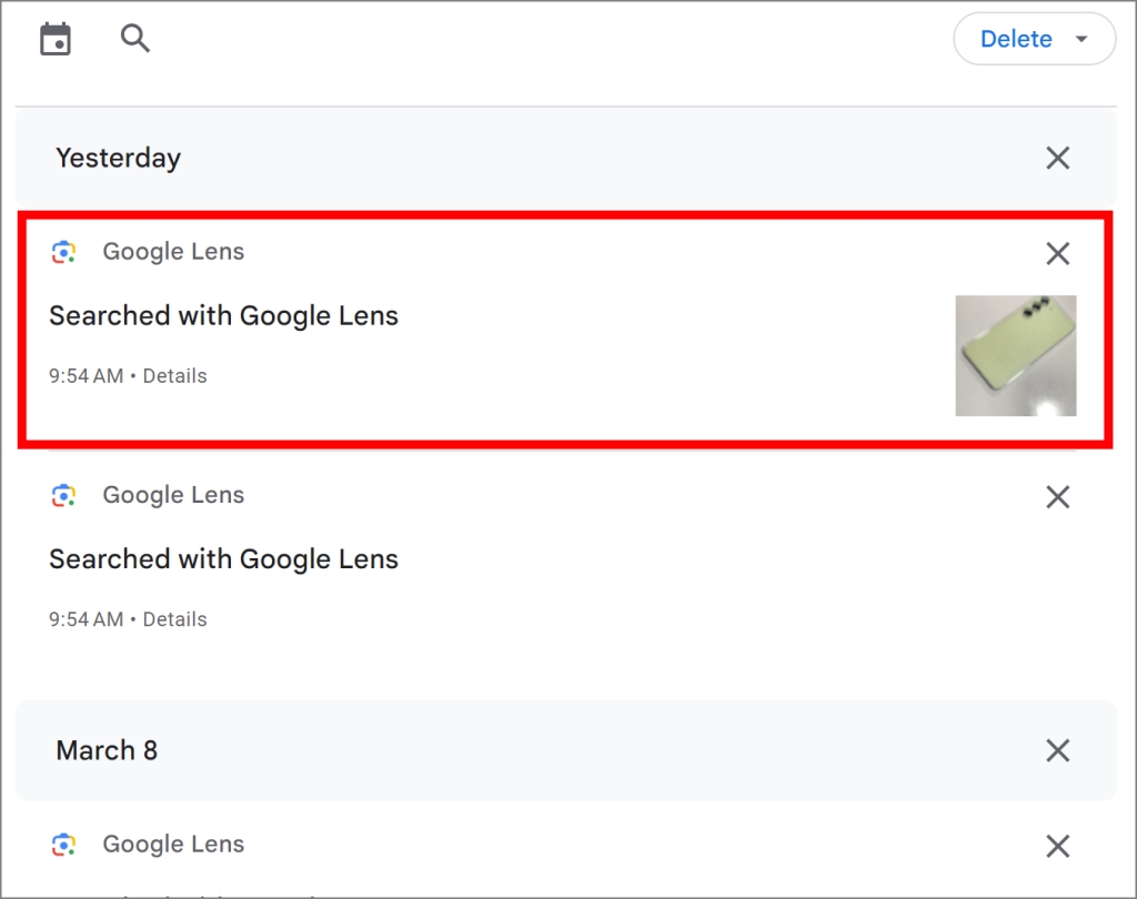 Imagen del historial de búsqueda de lentes de Google
