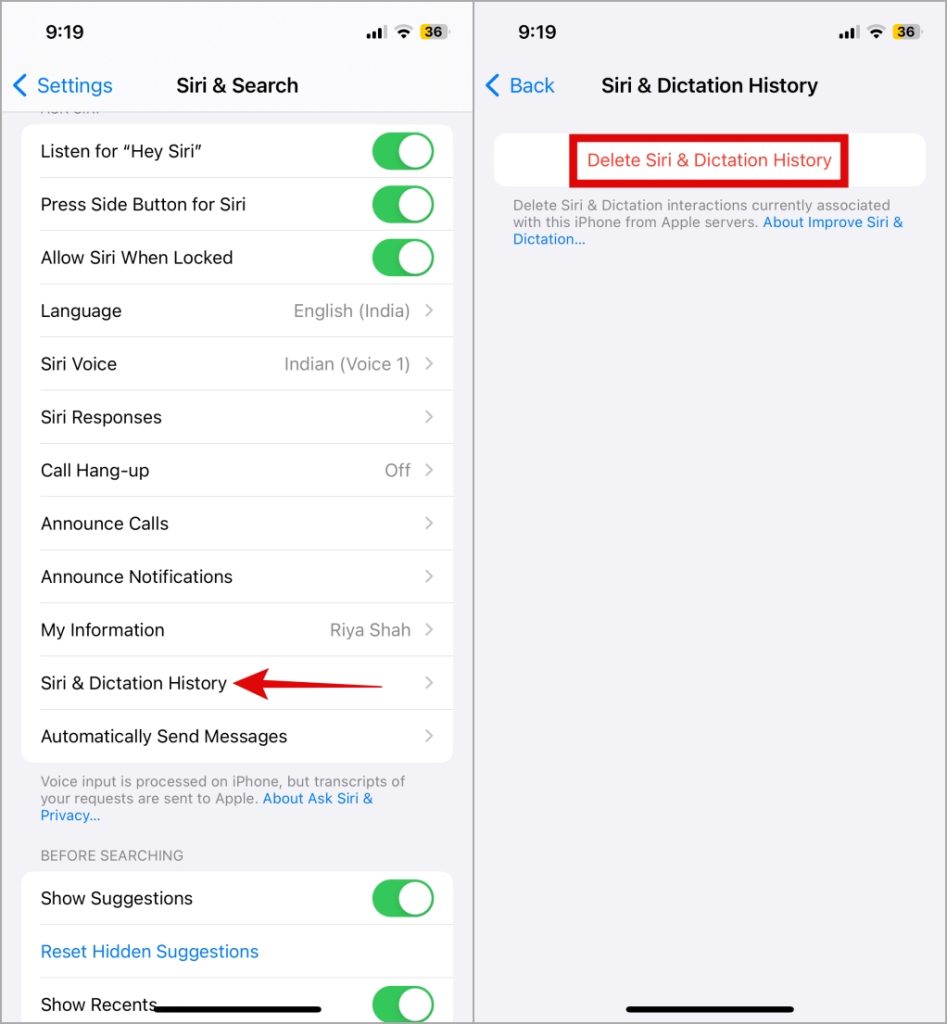 Siri e historial de dictado en iPhone