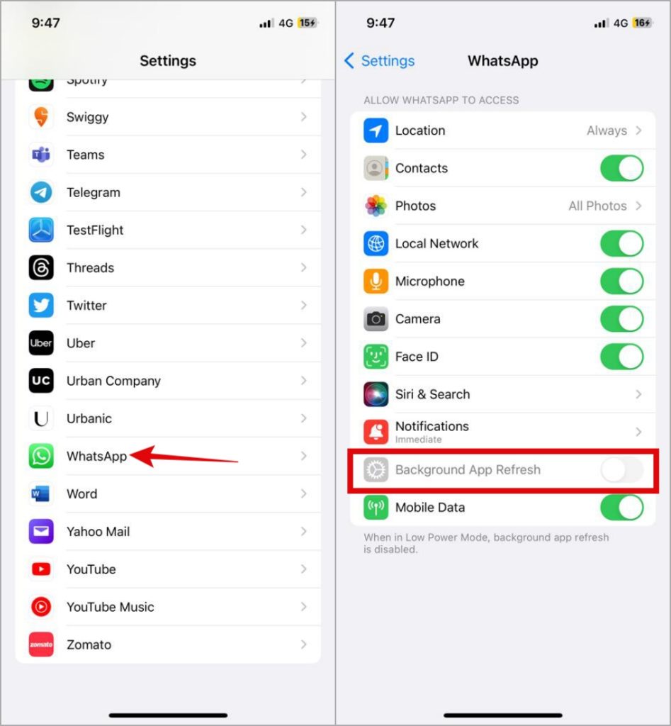 Habilitar el uso de datos de fondo para WhatsApp en iPhone