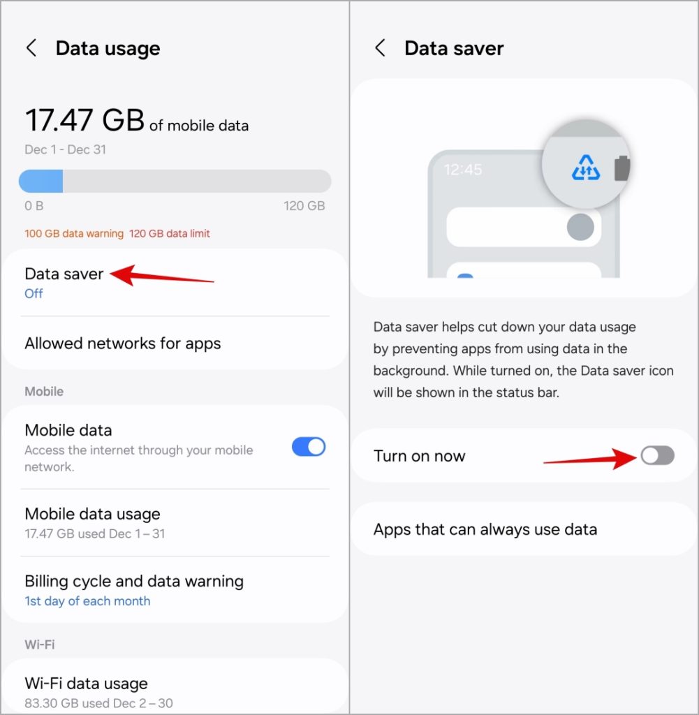 Apague el ahorro de datos móviles en el teléfono Samsung Galaxy