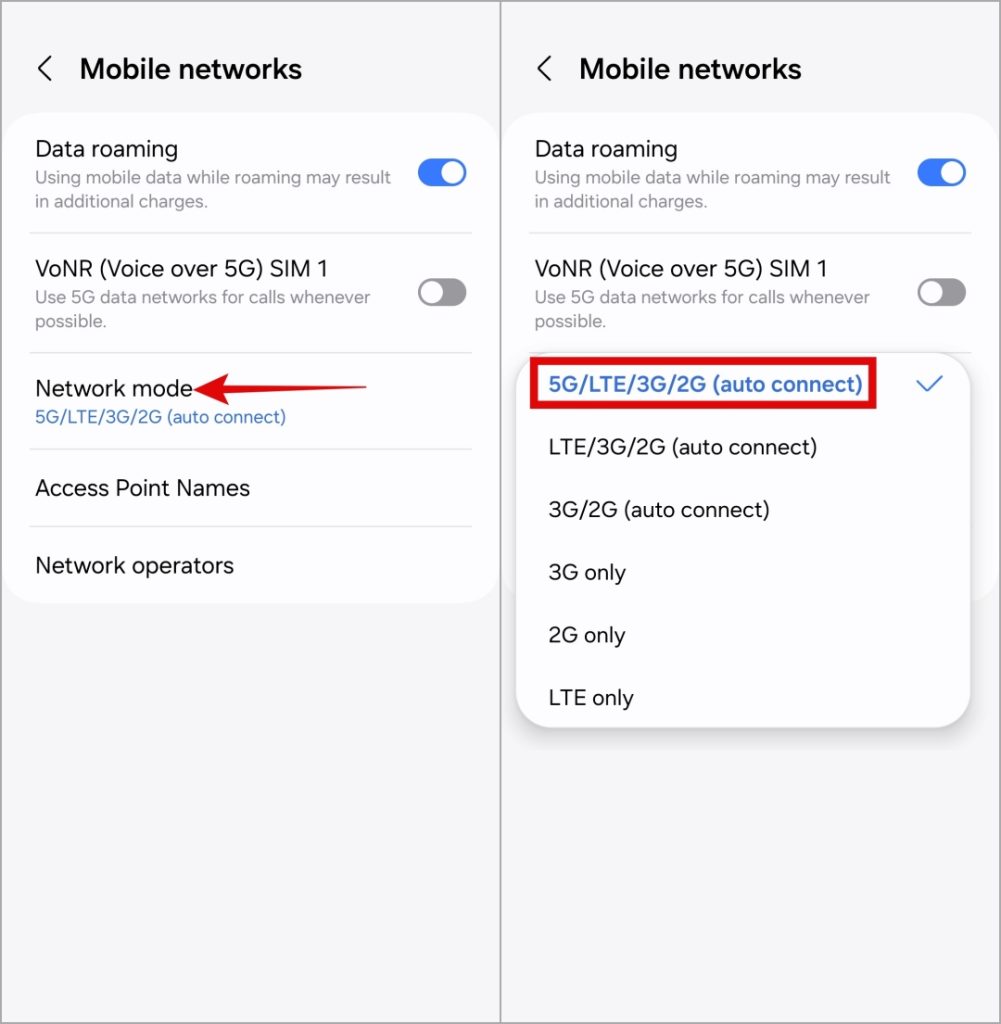 Cambiar el modo de red móvil en el teléfono Samsung Galaxy