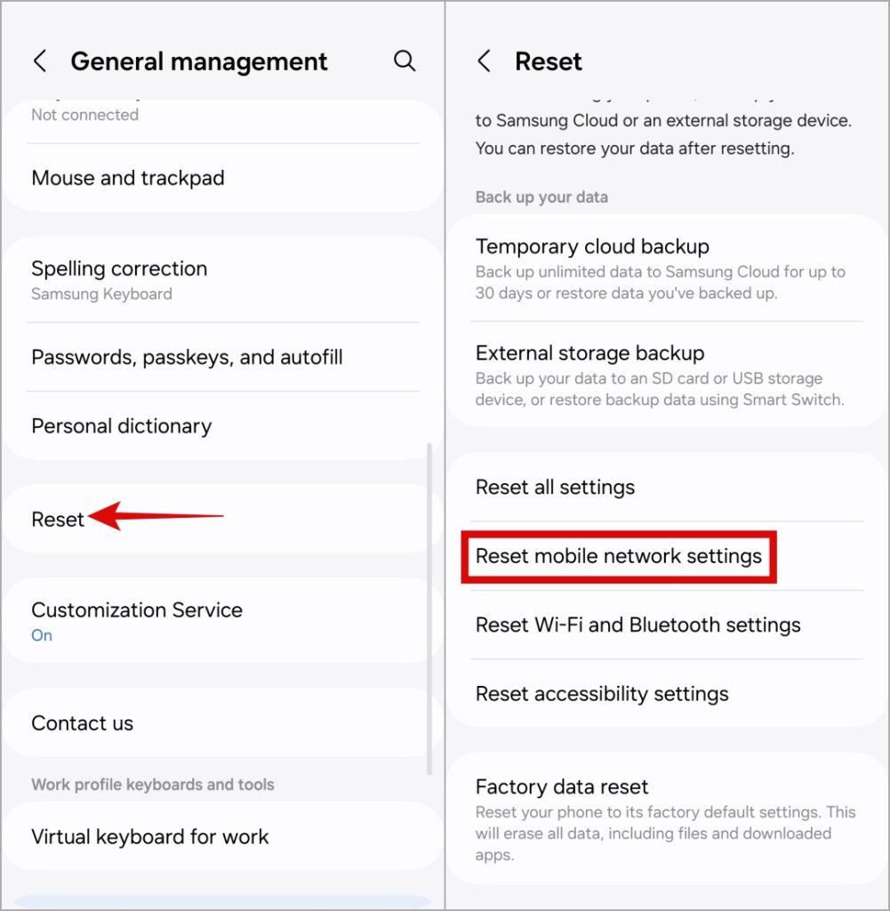 Restablecer la configuración de la red móvil en el teléfono Samsung Galaxy