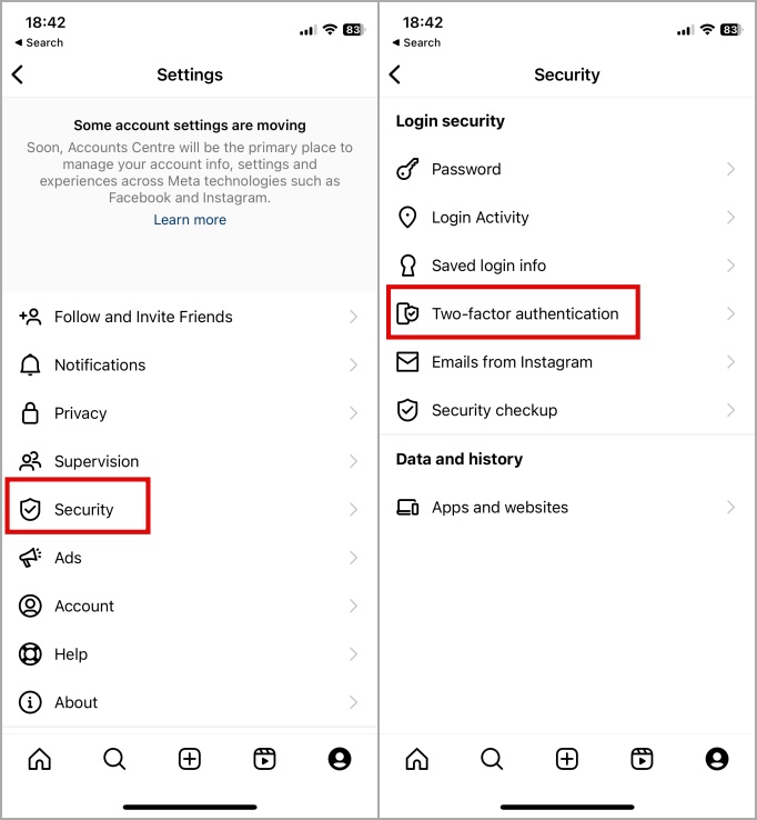 Configuración de 2FA en la aplicación IOS de Instagram