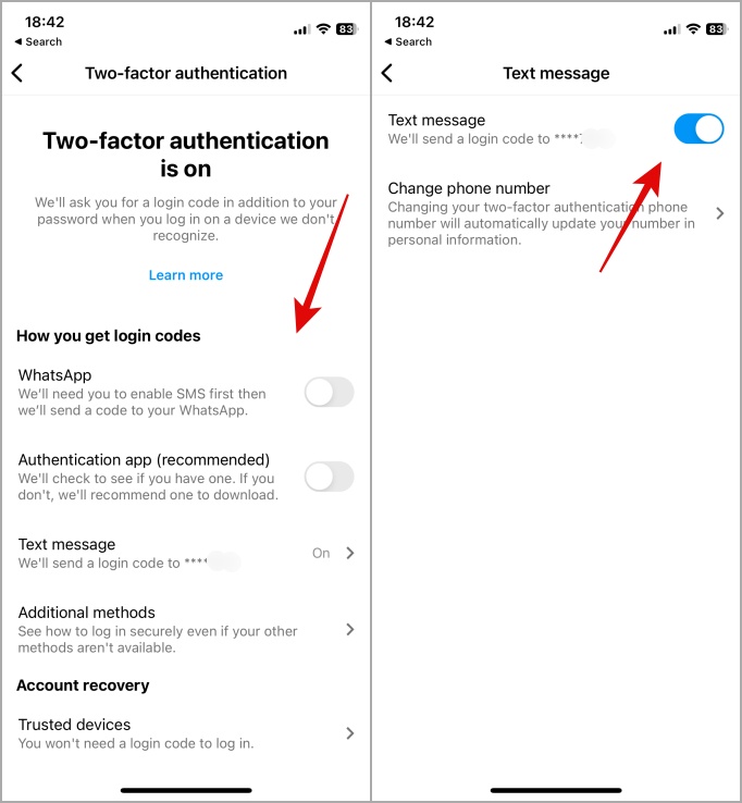 Deshabilitar Instagram 2FA desde Configuración en iPhone