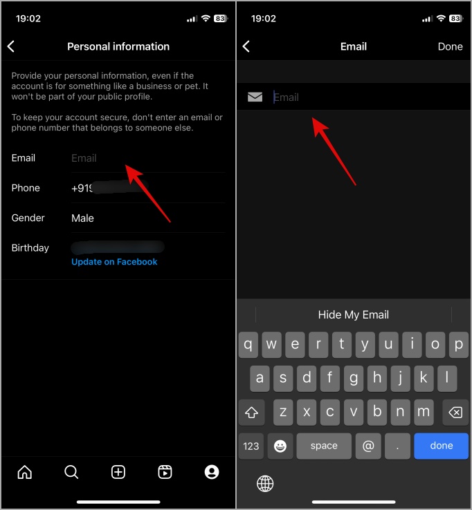 Actualizar ID de correo electrónico en Instagram en iPhone
