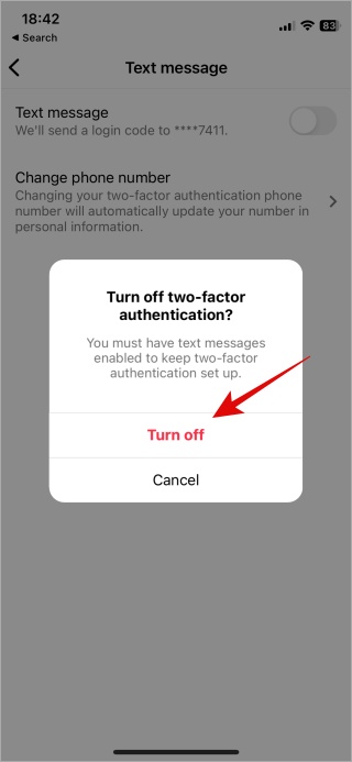 Confirmar 2fa apagar en Instagram iOS