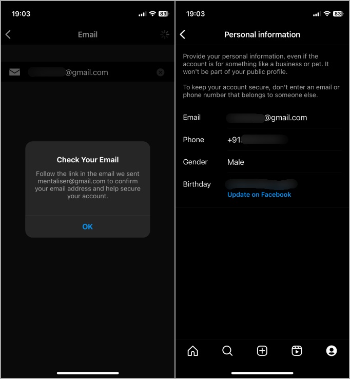 Actualizar ID de correo electrónico en Instagram en iPhone