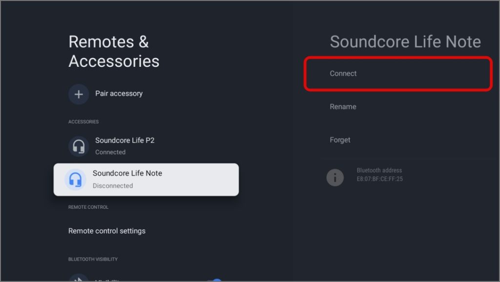 Conectando el dispositivo de audio Bluetooth conectado previamente en Google TV