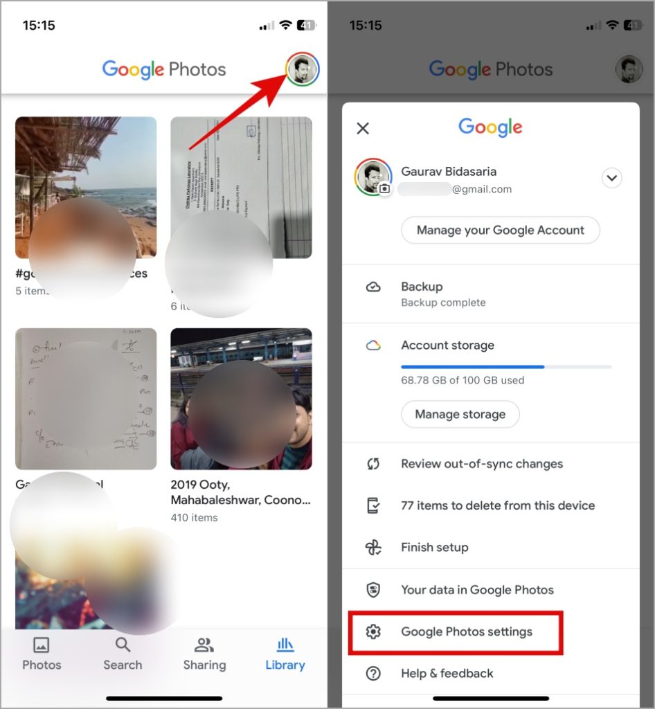 página de configuración de Google Photos