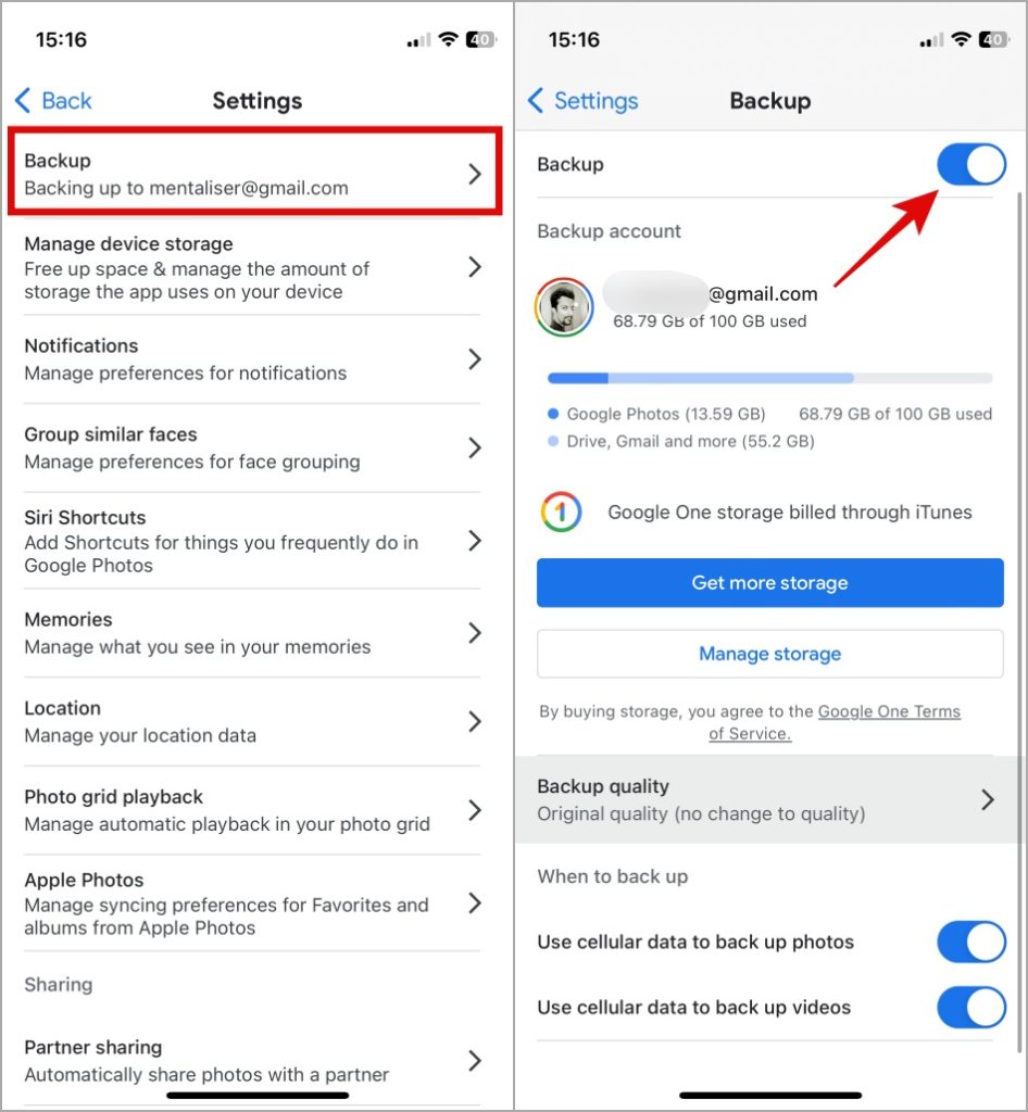 Habilitar la copia de seguridad de Google Photos