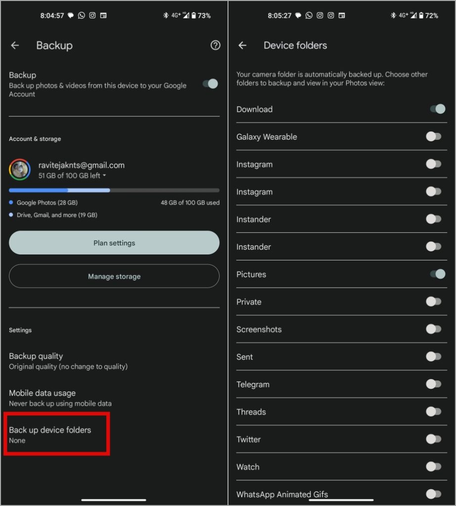 Configuración de carpetas de respaldo de Google Photos en Android