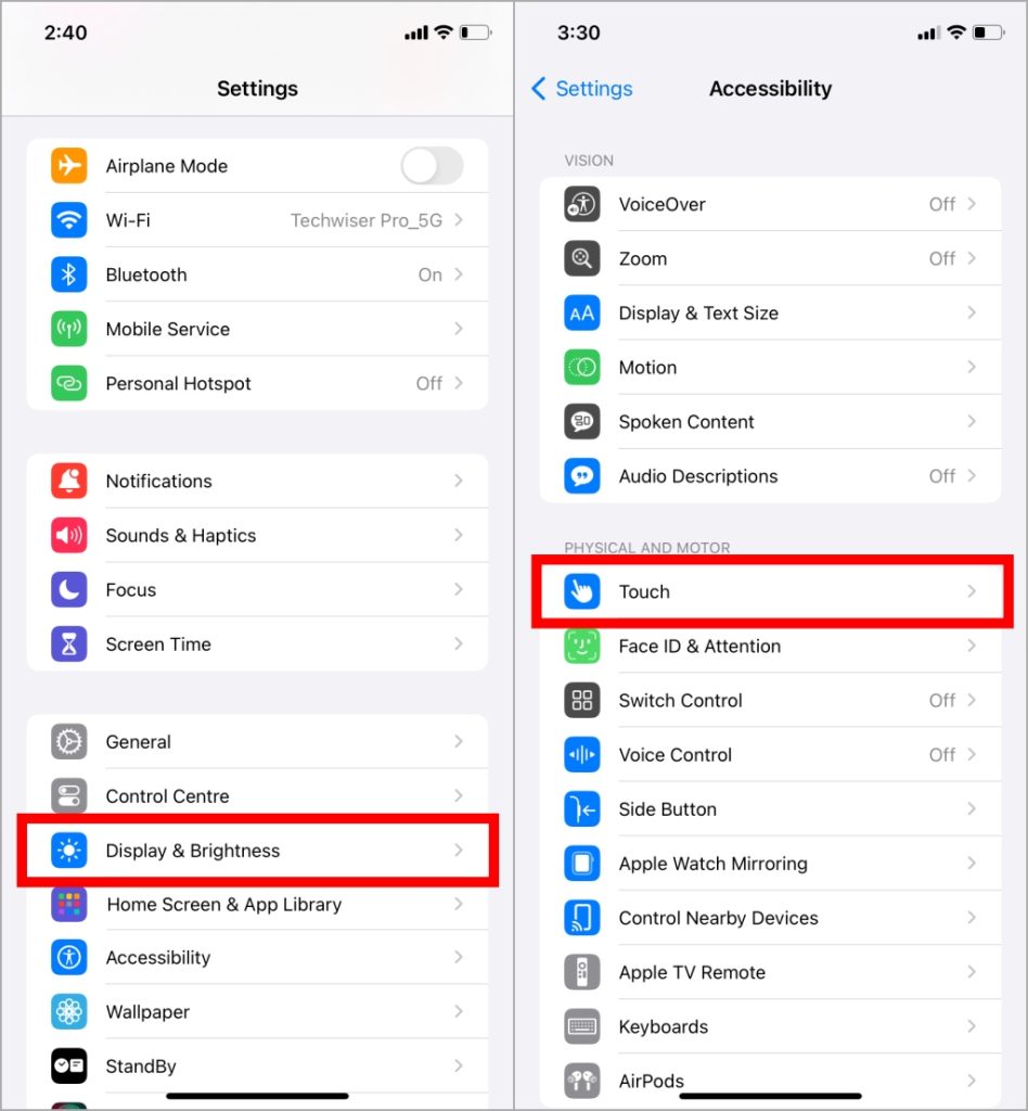 Configuración táctil en iPhone