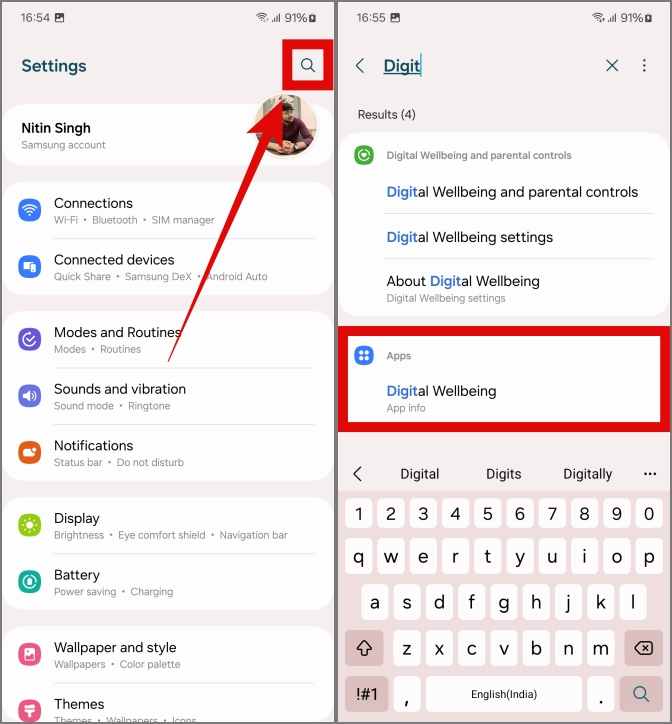 Buscando el bienestar digital en la configuración en Samsung Galaxy