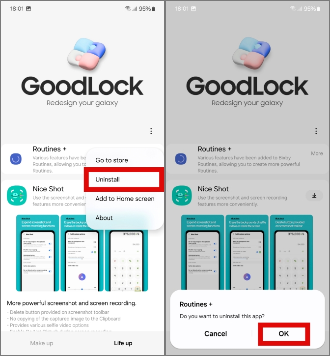 desinstalar el módulo de rutina+ de Goodlock en Samsung Galaxy Phones
