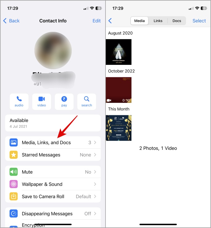 opción de medios, enlaces y documentos en el chat de whatsapp