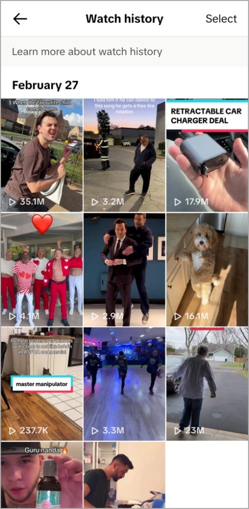 Tiktok Watch History en la aplicación móvil