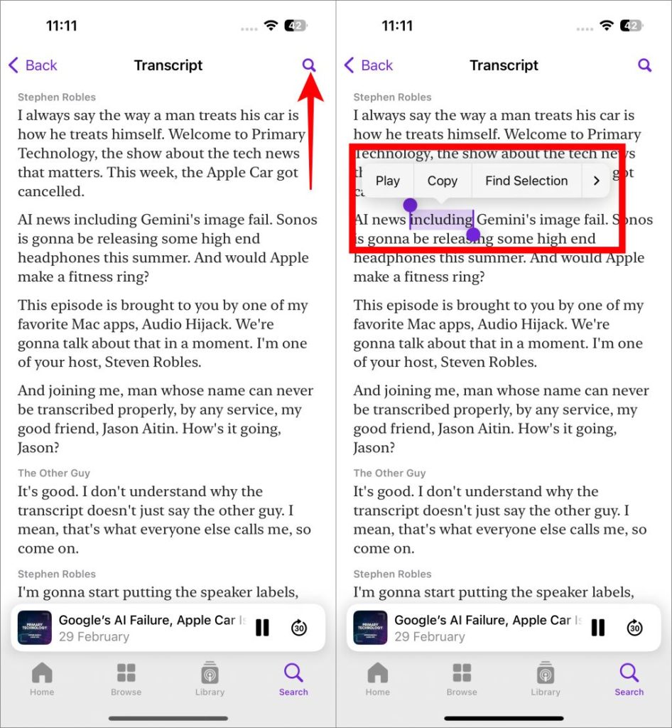 Copiar la transcripción en los podcasts de Apple