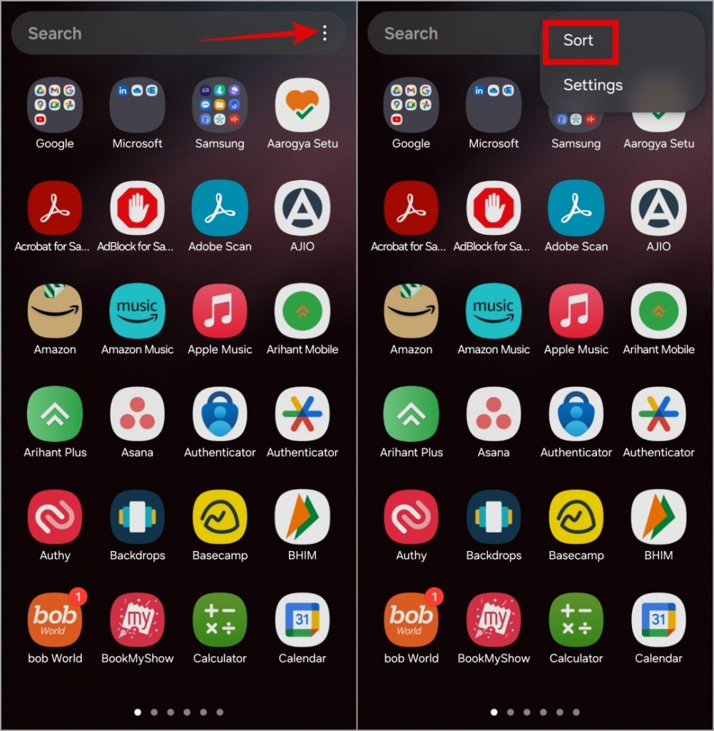 Ordenar aplicaciones en el cajón de aplicaciones en el teléfono Samsung Galaxy
