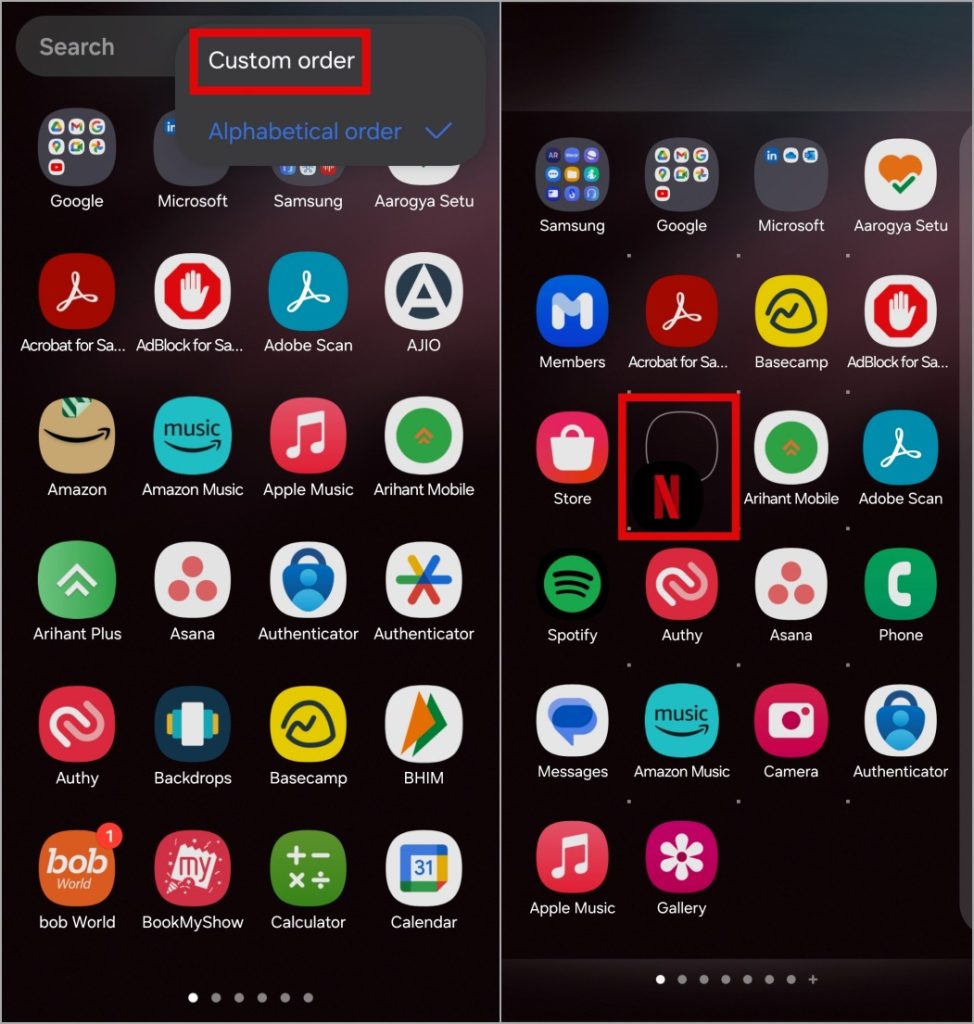 Reorganizar aplicaciones en el cajón de aplicaciones en el teléfono Samsung Galaxy