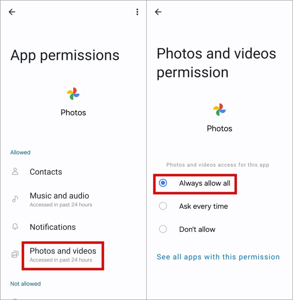 Permitir que Google Photos acceda a fotos y videos en Android