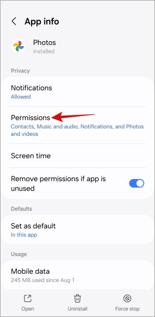 Permiso de la aplicación de Google Photos en Android