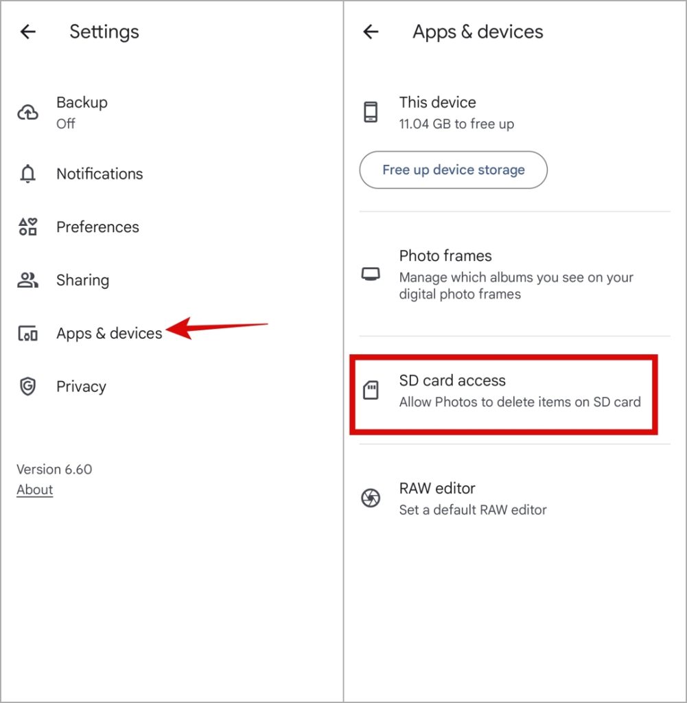 Acceso de tarjeta SD en Google Photos para Android
