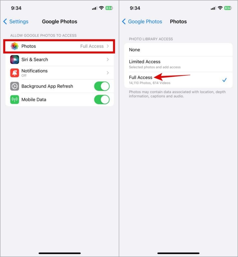 Habilite el acceso completo para Google Photos en iPhone