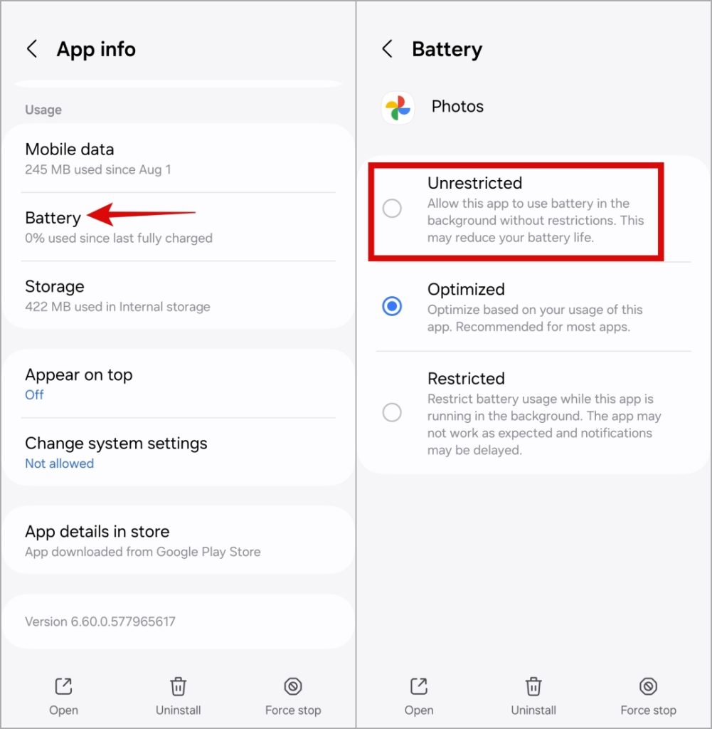 Permitir el uso de la batería sin restricciones a Google Photos en Android