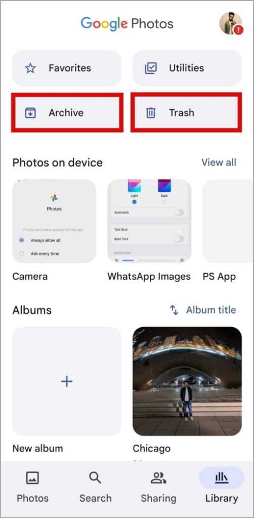 Archivo y carpeta de basura en Google Photos para dispositivos móviles