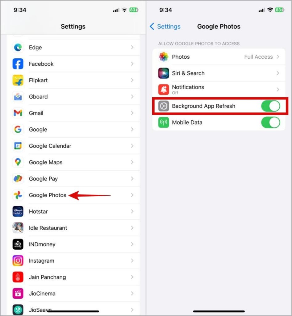 Habilitar la aplicación de la aplicación de fondo para Google Photos en iPhone