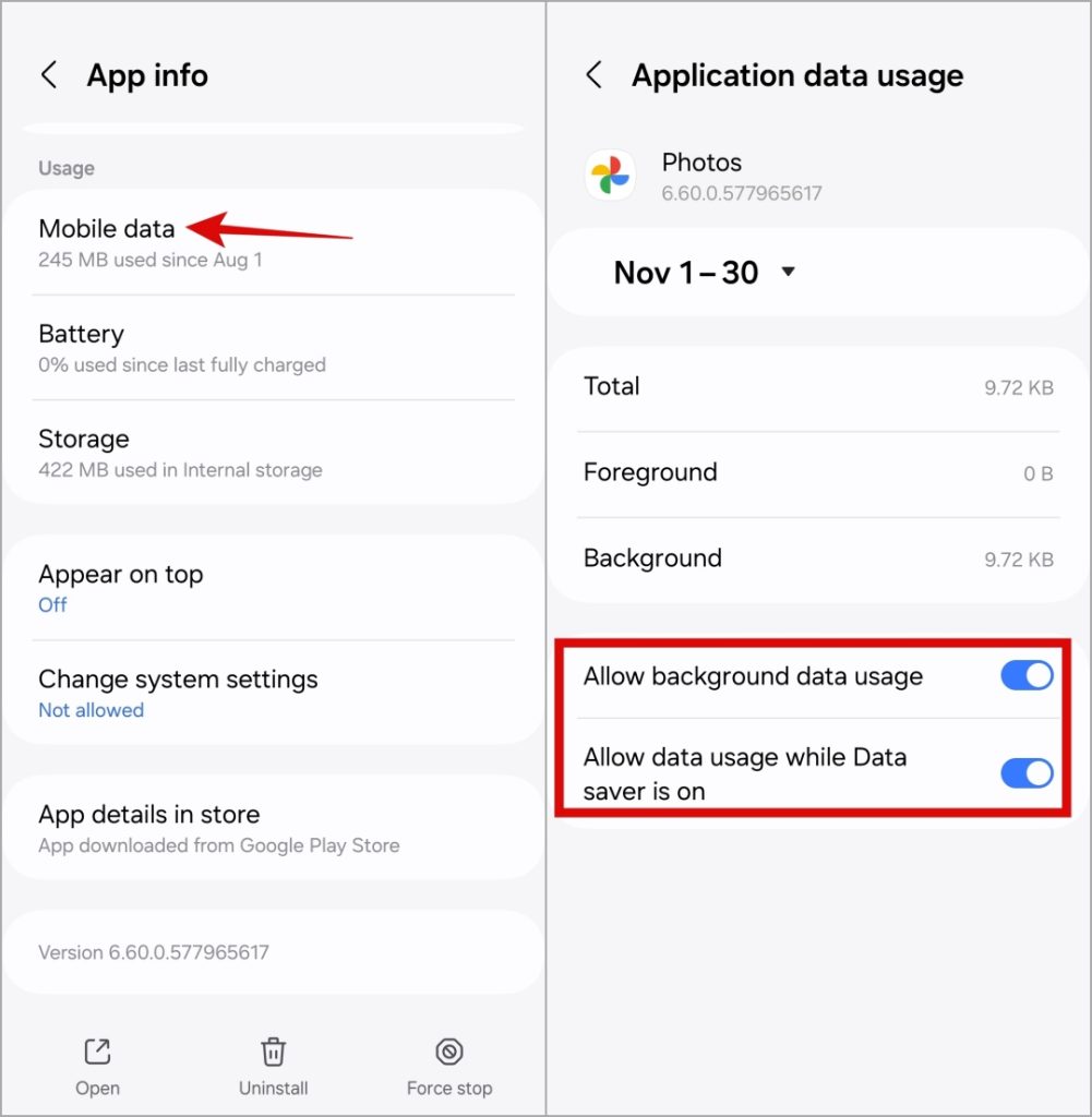 Permitir el uso de datos sin restricciones a Google Photos en Android