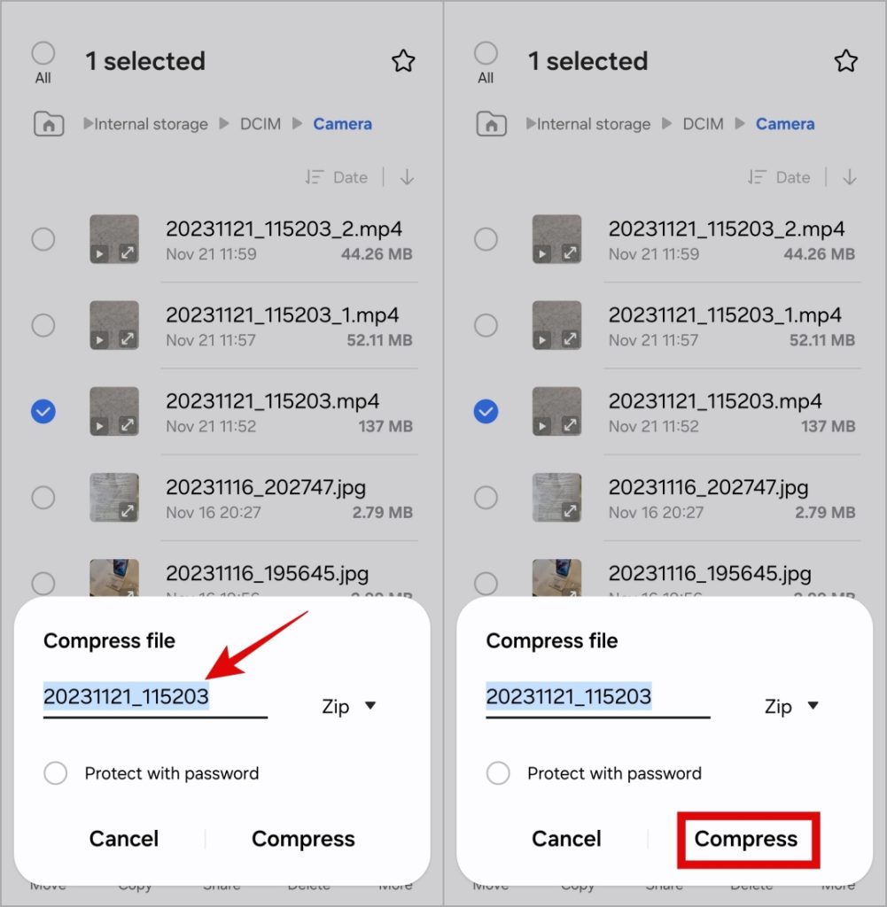 Guarde un video como archivo zip en el teléfono Samsung Galaxy