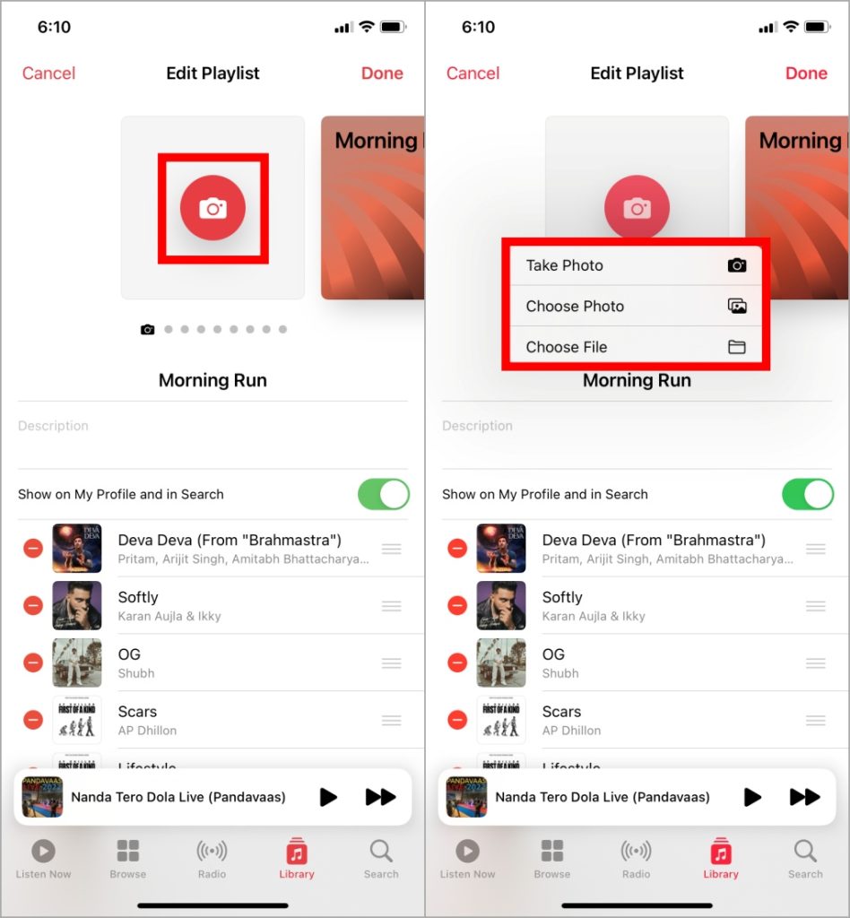 Opciones para la portada de la lista de reproducción en iOS