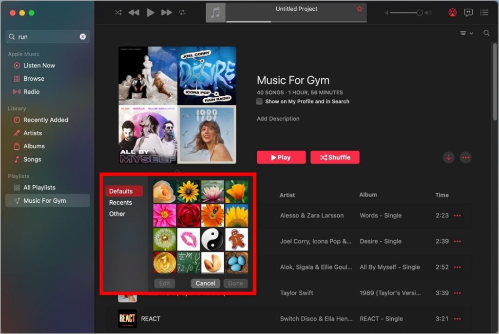 Opciones para la portada de la lista de reproducción en Mac
