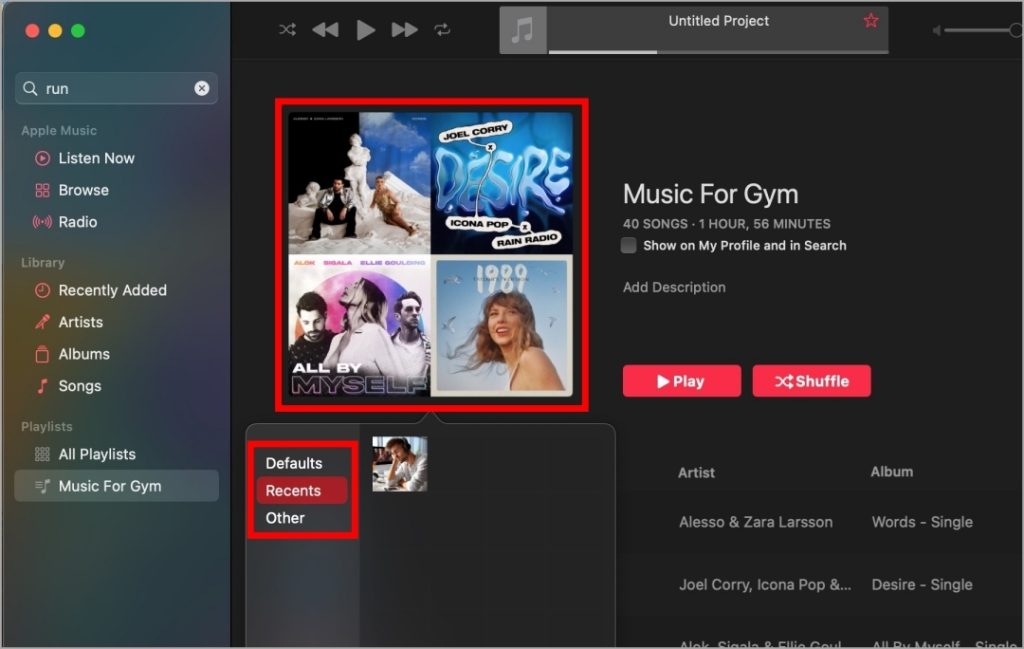 Opciones para la portada de la lista de reproducción en Mac