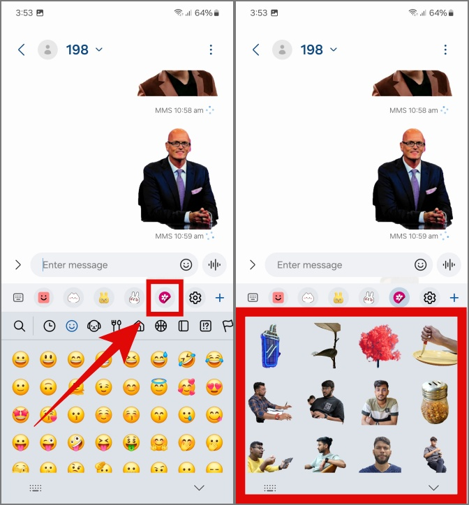 Uso de pegatinas personalizadas en mensajes en teléfonos Samsung Galaxy