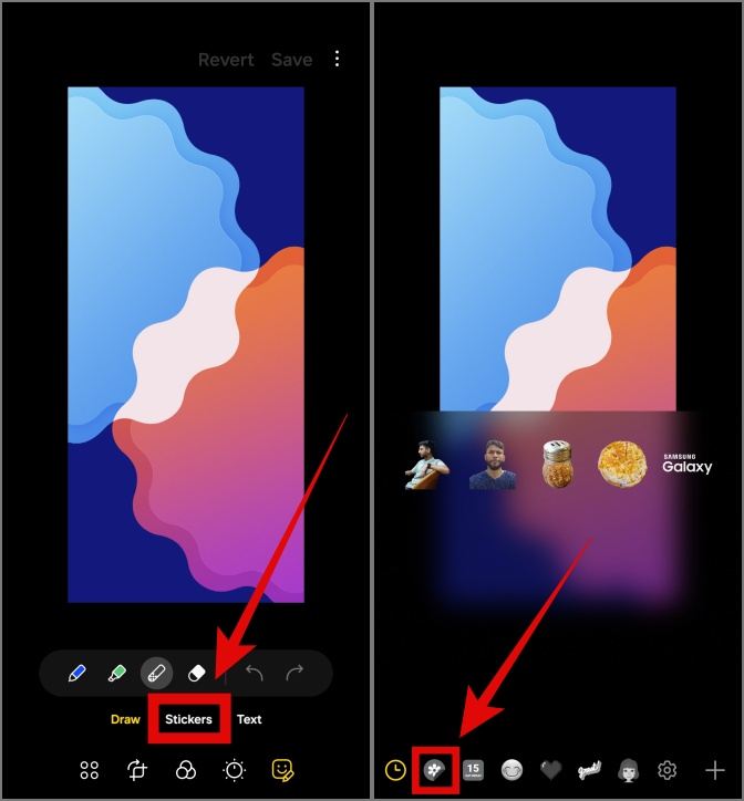 Acceder a la sección de pegatinas en el editor de fotos en Samsung Galaxy Phones