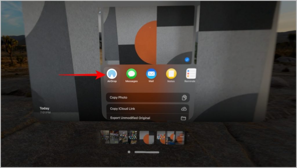 Opción Airdrop en el Apple Vision Pro