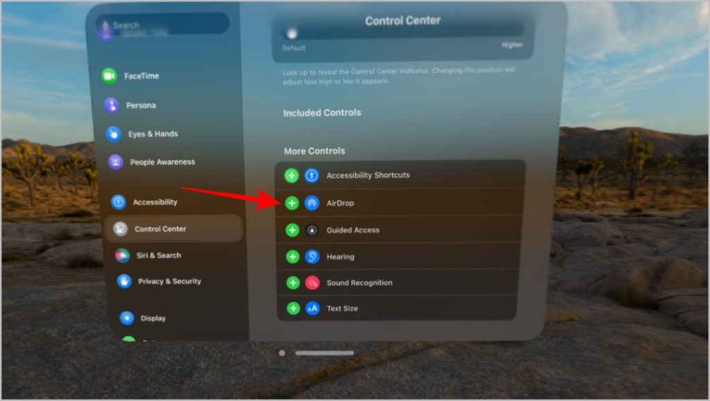Agregar Airdrop al centro de control en Apple Vision Pro