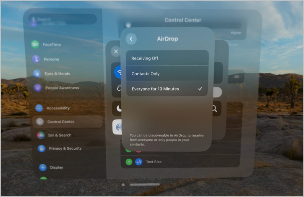 Configuración del modo AirDrop en el Apple Vision Pro