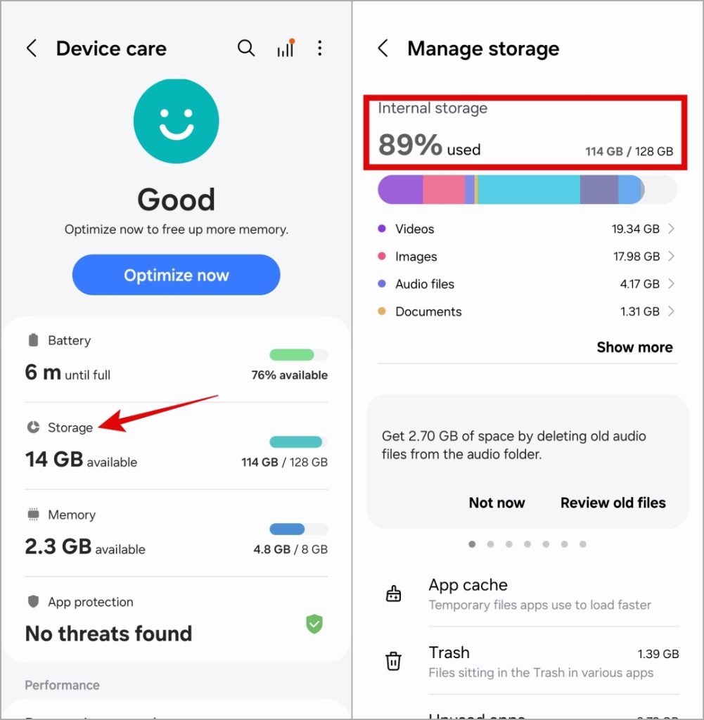 Verifique el estado de almacenamiento en el teléfono Android o Samsung