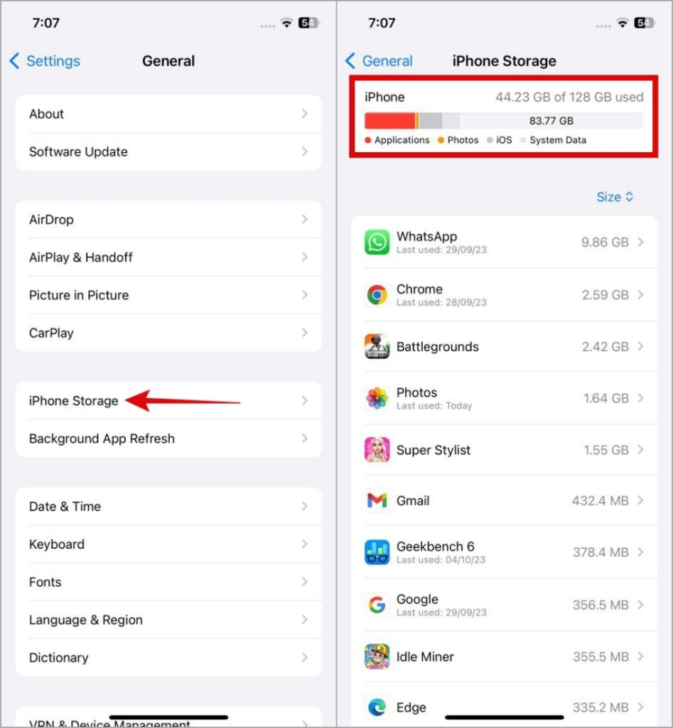 Verifique el estado de almacenamiento en iPhone