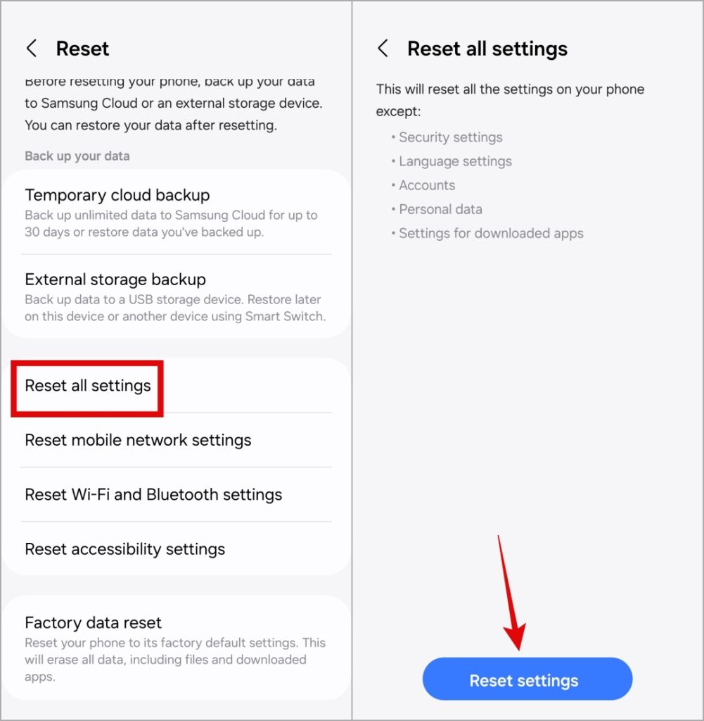 Restablecer todos los asentadores en el teléfono Android