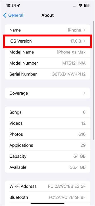 Versión de iOS en iPhone