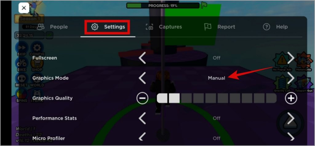 Cambiar la calidad de los gráficos en Roblox para iPhone