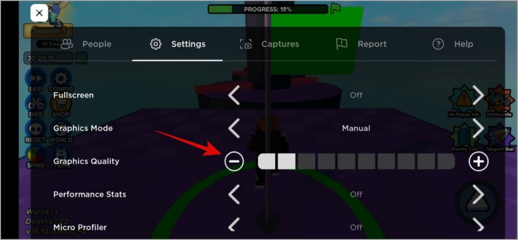 Calidad gráfica más baja en Roblox para iPhone